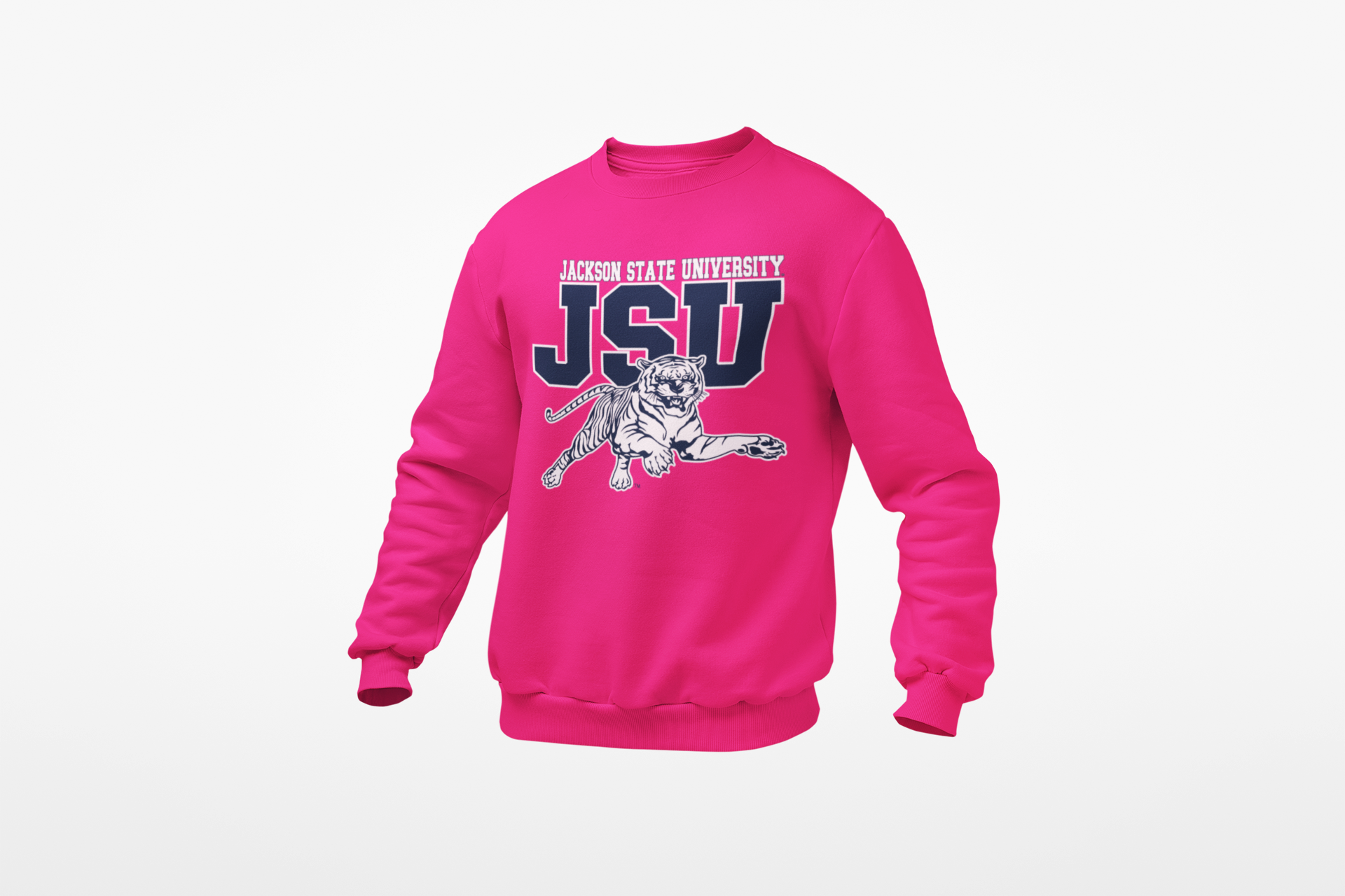 Youth crewneck sweatshirt in fuchsia pink with leaping tiger graphic on front