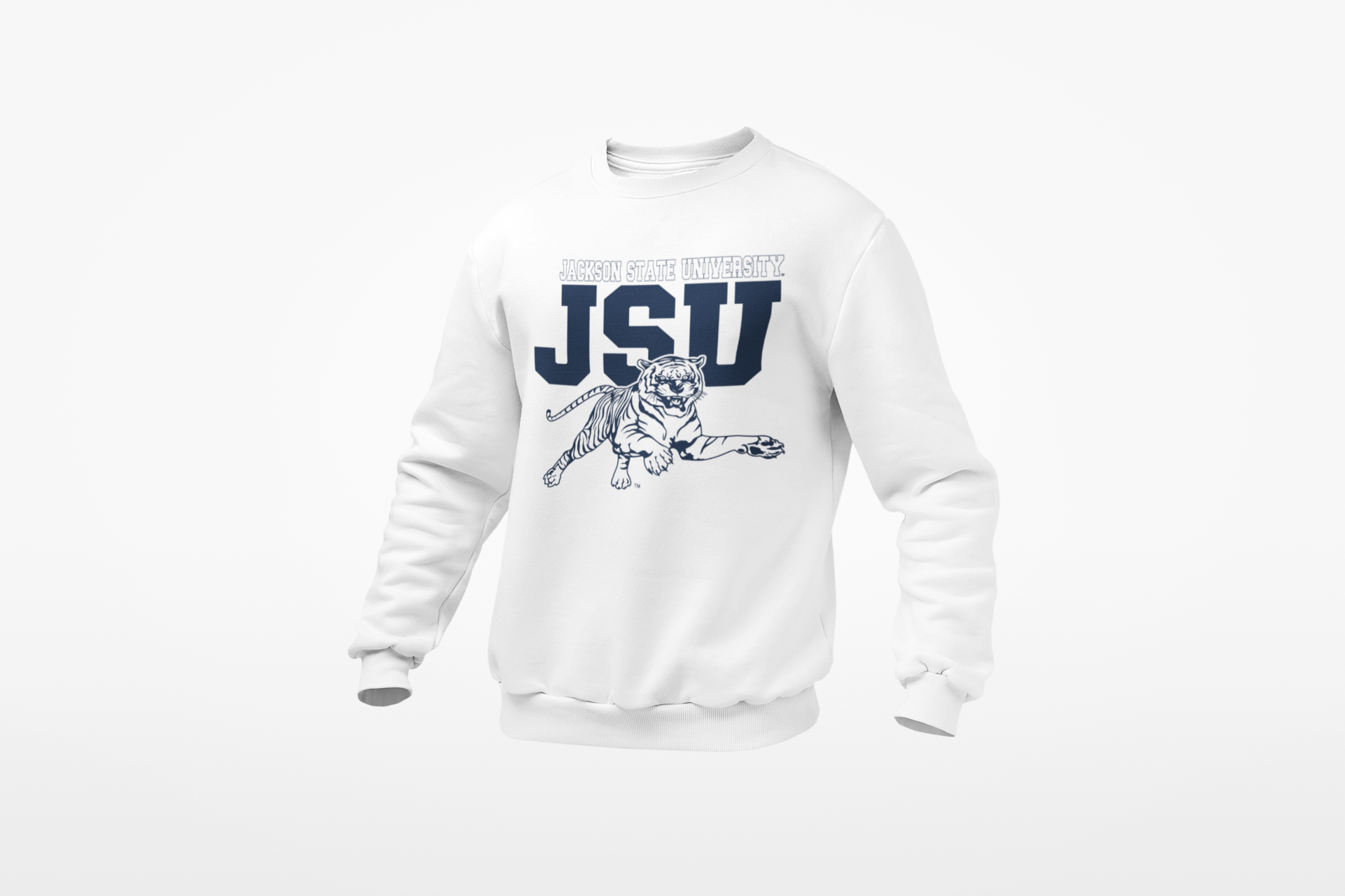 Youth crewneck sweatshirt in white with leaping tiger team logo on front