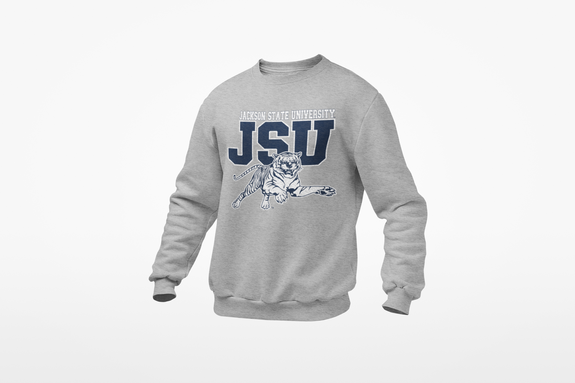 Unisex crewneck sweatshirt, athletic heather gray with JSU leaping tiger front graphic