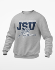 Unisex crewneck sweatshirt, athletic heather gray with JSU leaping tiger front graphic