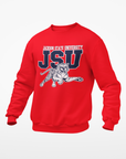 Youth crewneck sweatshirt in red with leaping tiger team logo on front