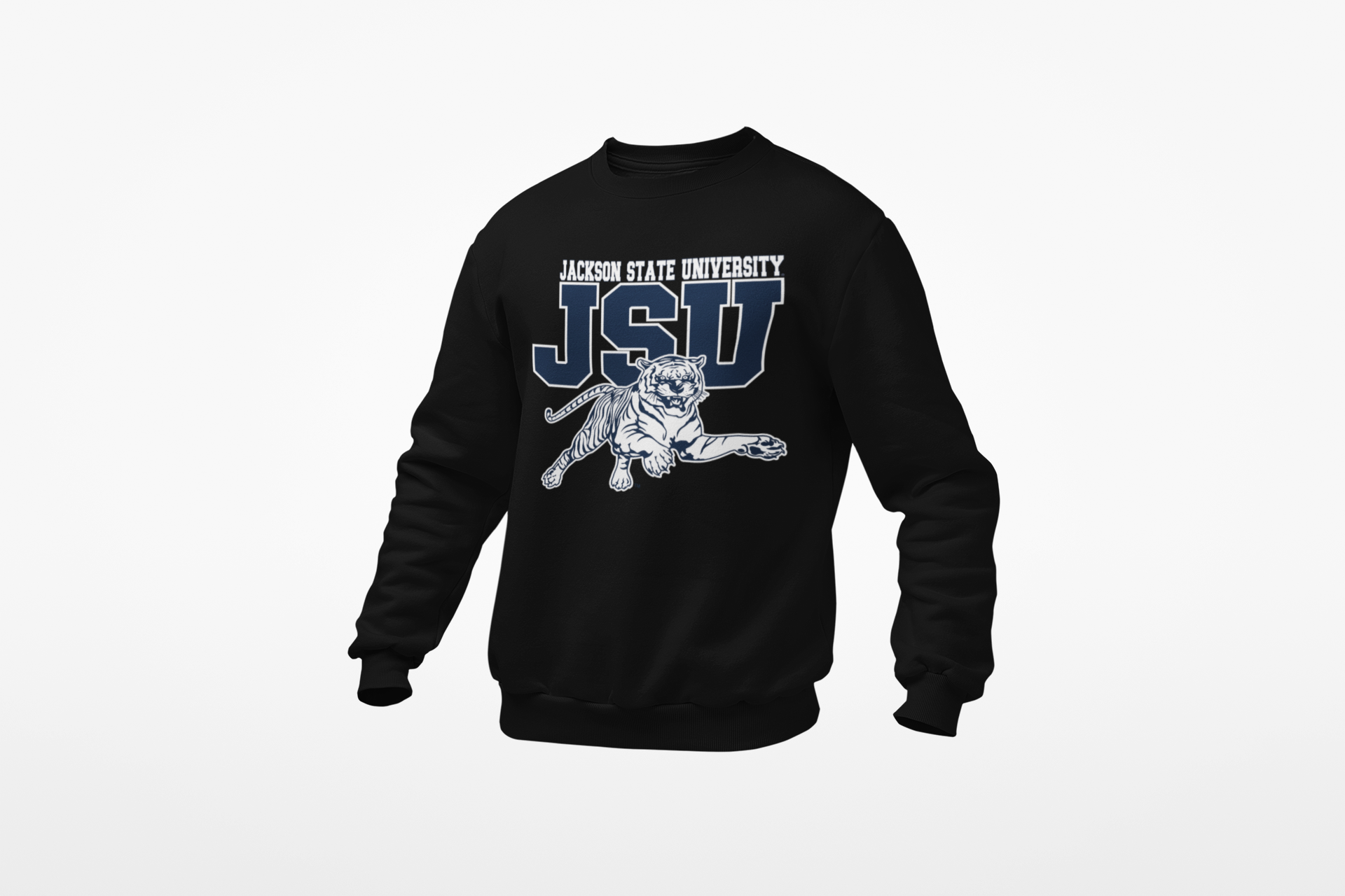 Youth crewneck sweatshirt in black with leaping tiger team logo on front