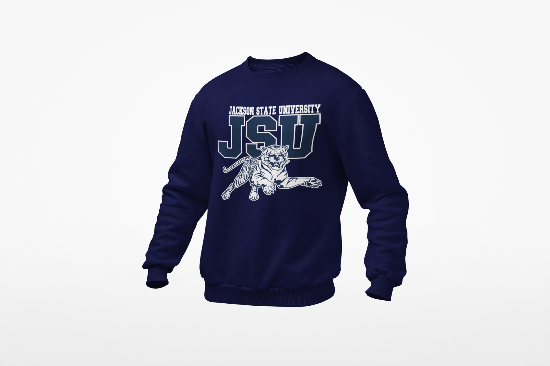 Youth crewneck sweatshirt in navy blue with leaping tiger team logo on front