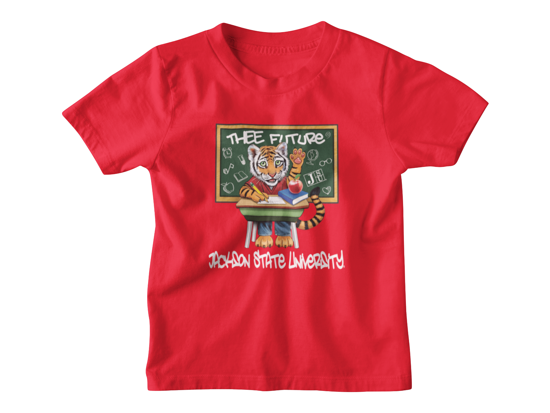 Red youth crewneck T-shirt with 'Thee Future' front graphic