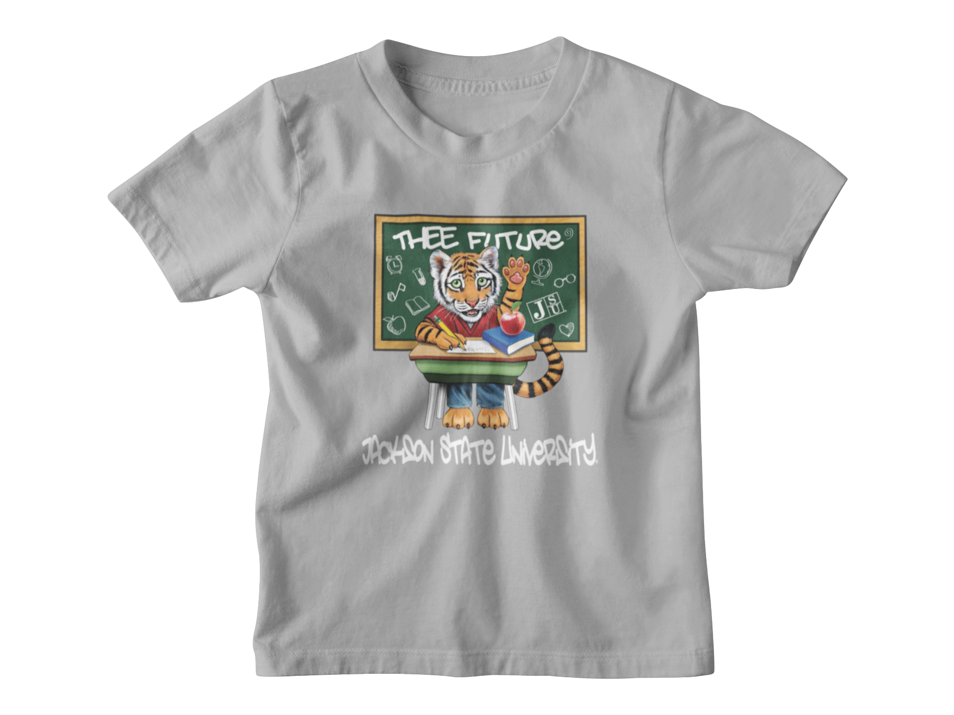 Toddler crewneck t-shirt in light heather gray with front graphic print and crew neckline