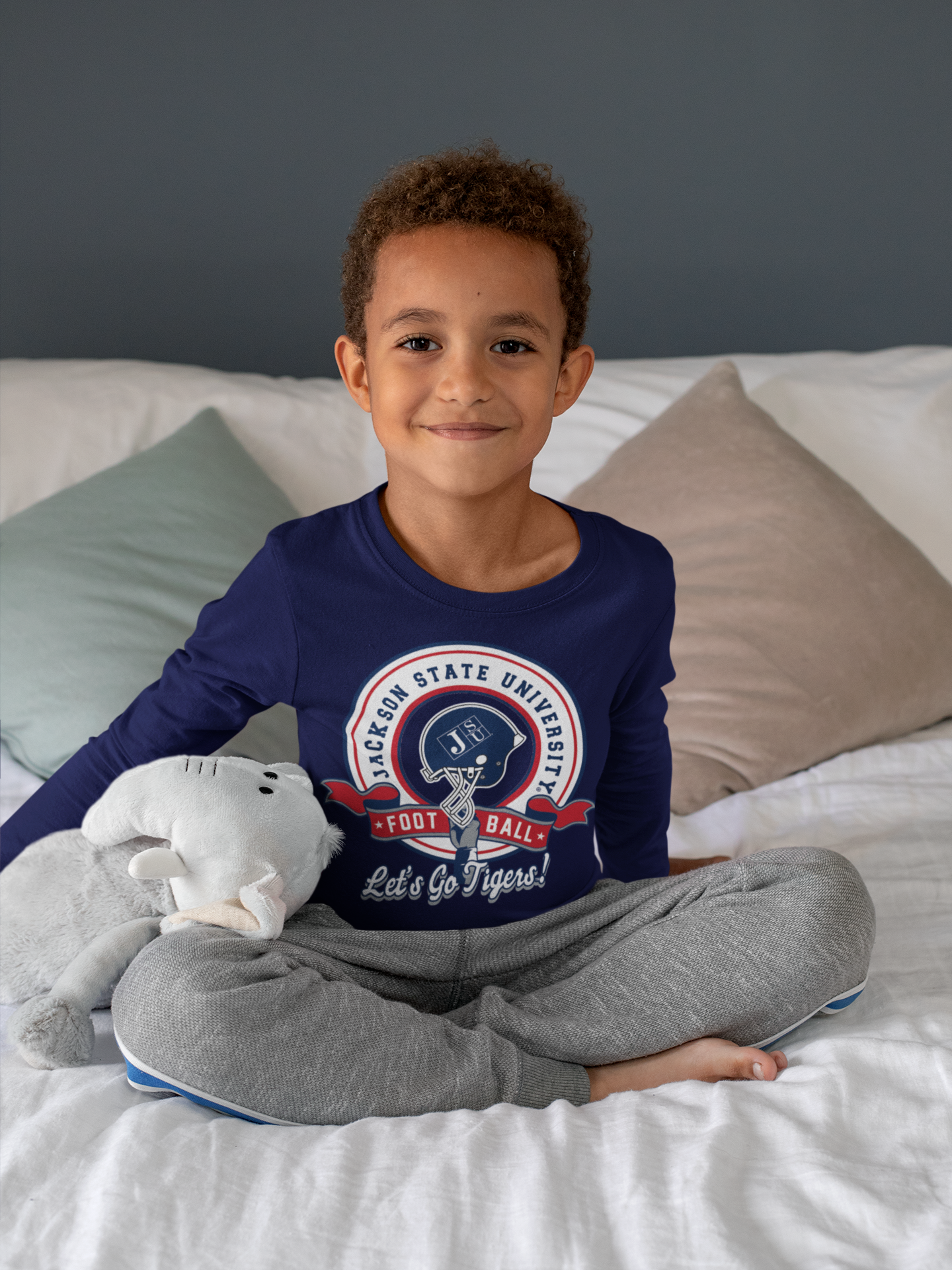 Youth navy crewneck long-sleeve T-shirt with university sports logo and 'Let's Go Tigers!'