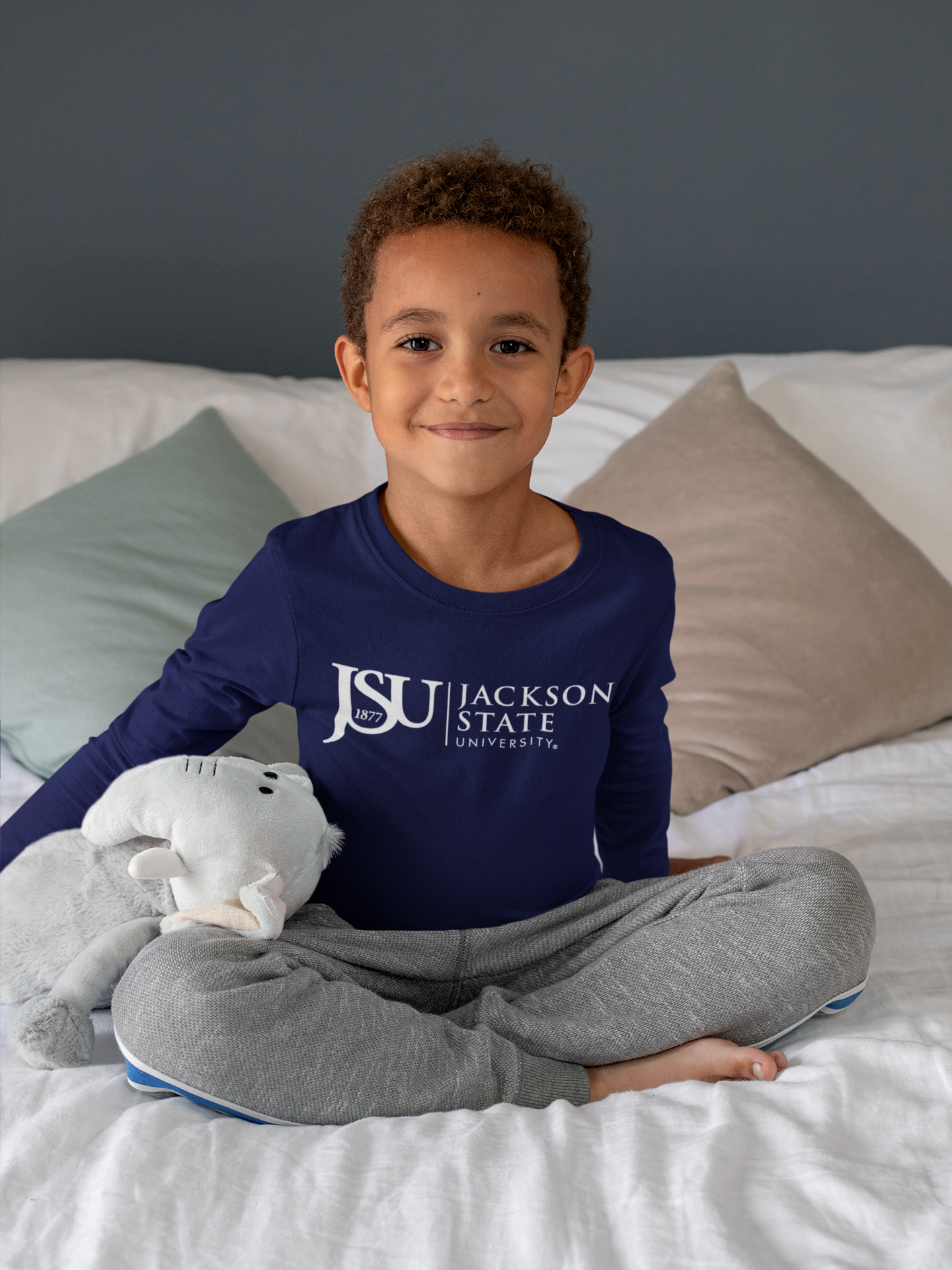 Kids long sleeve crew neck T-shirt, navy with JSU 1877 Jackson State logo print.