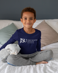 Kids long sleeve crew neck T-shirt, navy with JSU 1877 Jackson State logo print.