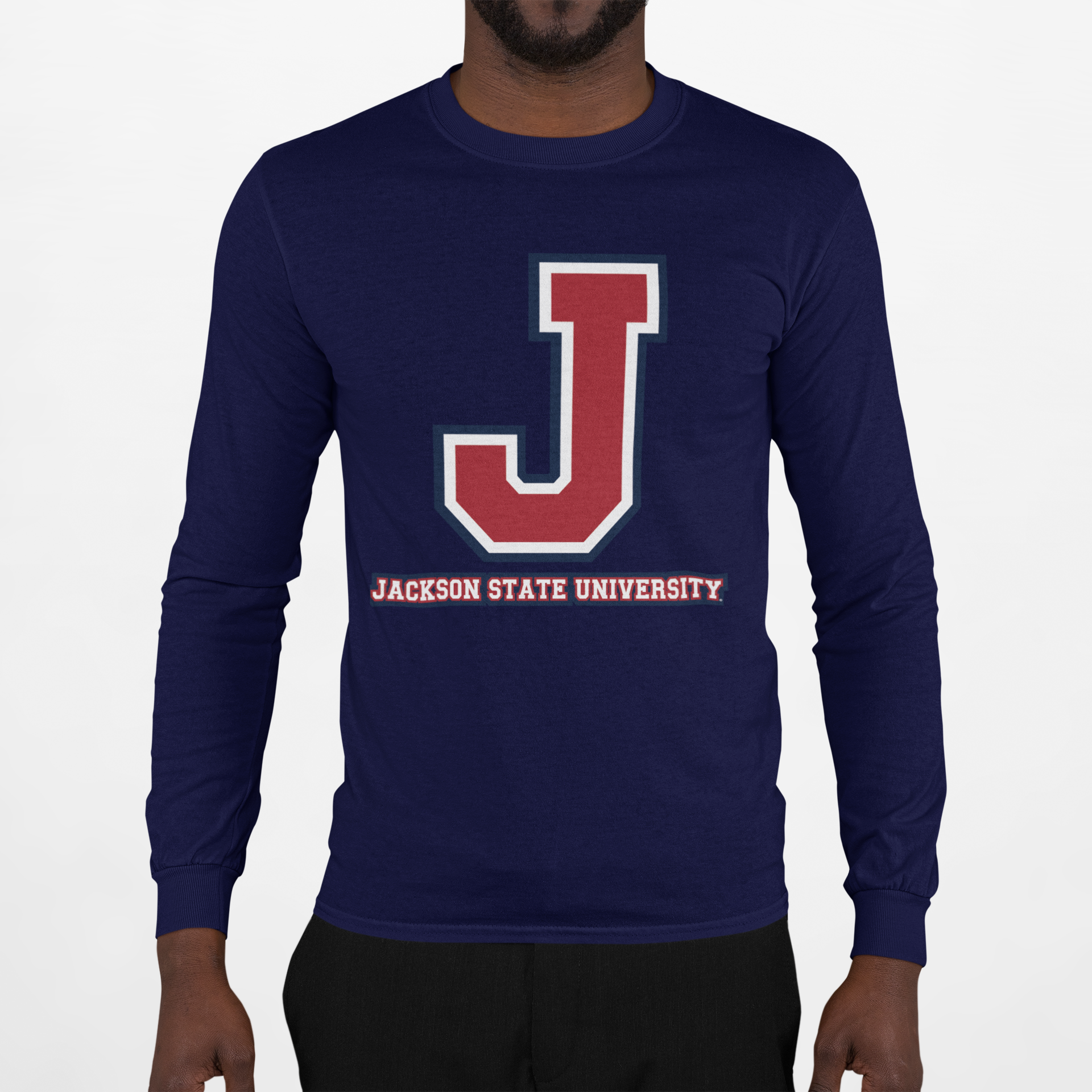 Unisex long sleeve crewneck T-shirt, navy blue with J logo front print