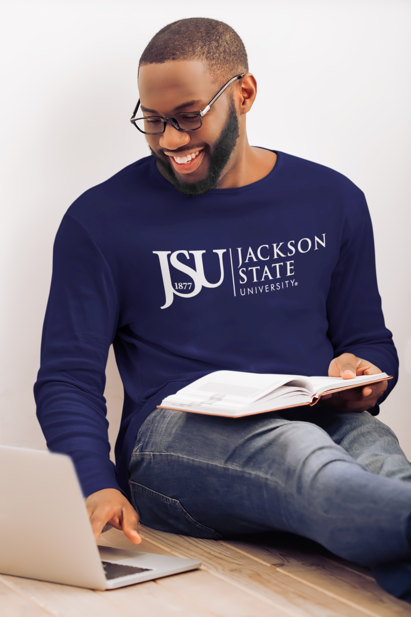 Long-sleeve crew neck T-shirt in navy with Jackson State University logo at chest