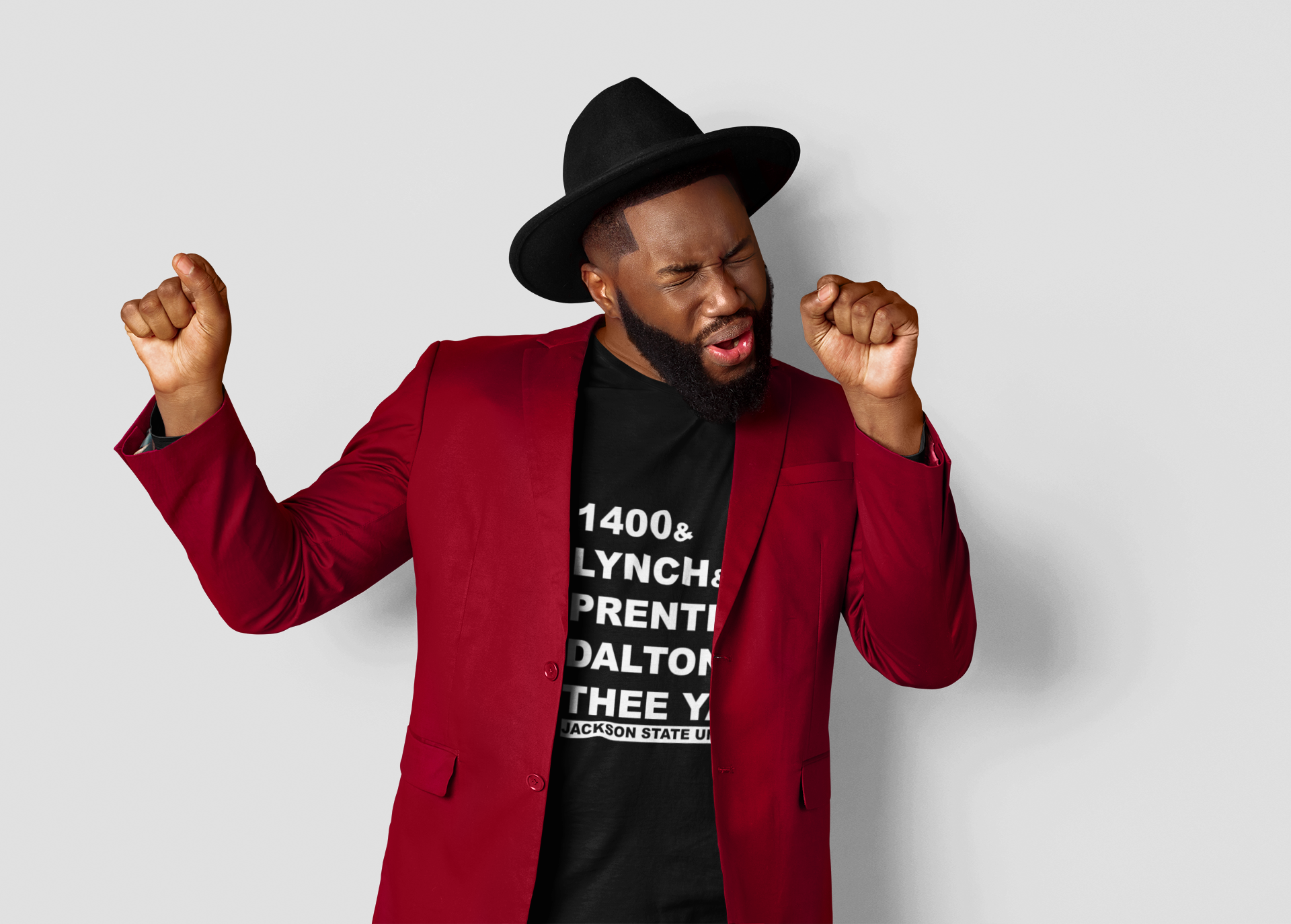 Red long-sleeve crew neck T-shirt with front block slogan graphic
