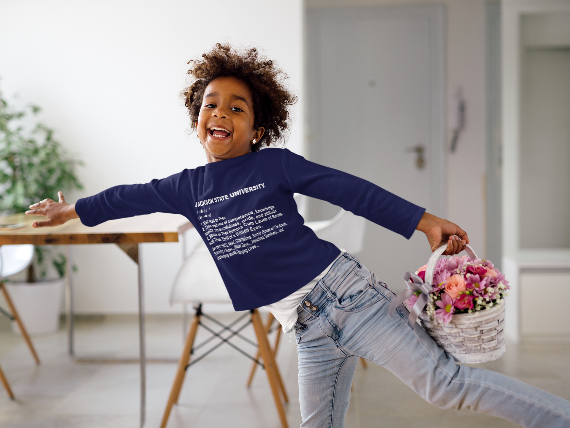 Navy long sleeve youth t-shirt, unisex crew neck, printed logo graphic