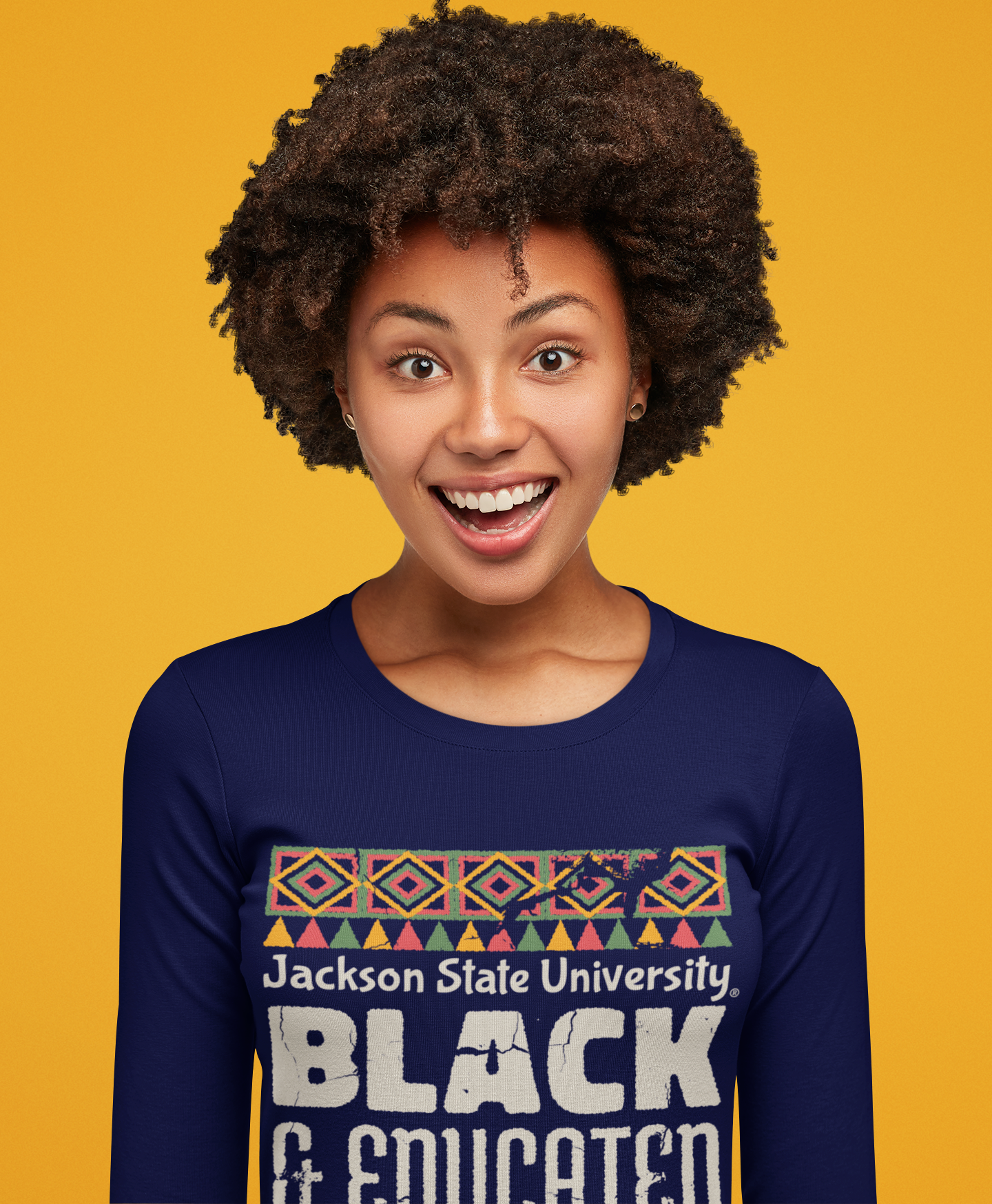 Navy long sleeve crew neck T-shirt with multicolor “Black &amp; Educated” chest design