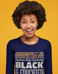 Navy long sleeve crew neck T-shirt with multicolor “Black & Educated” chest design