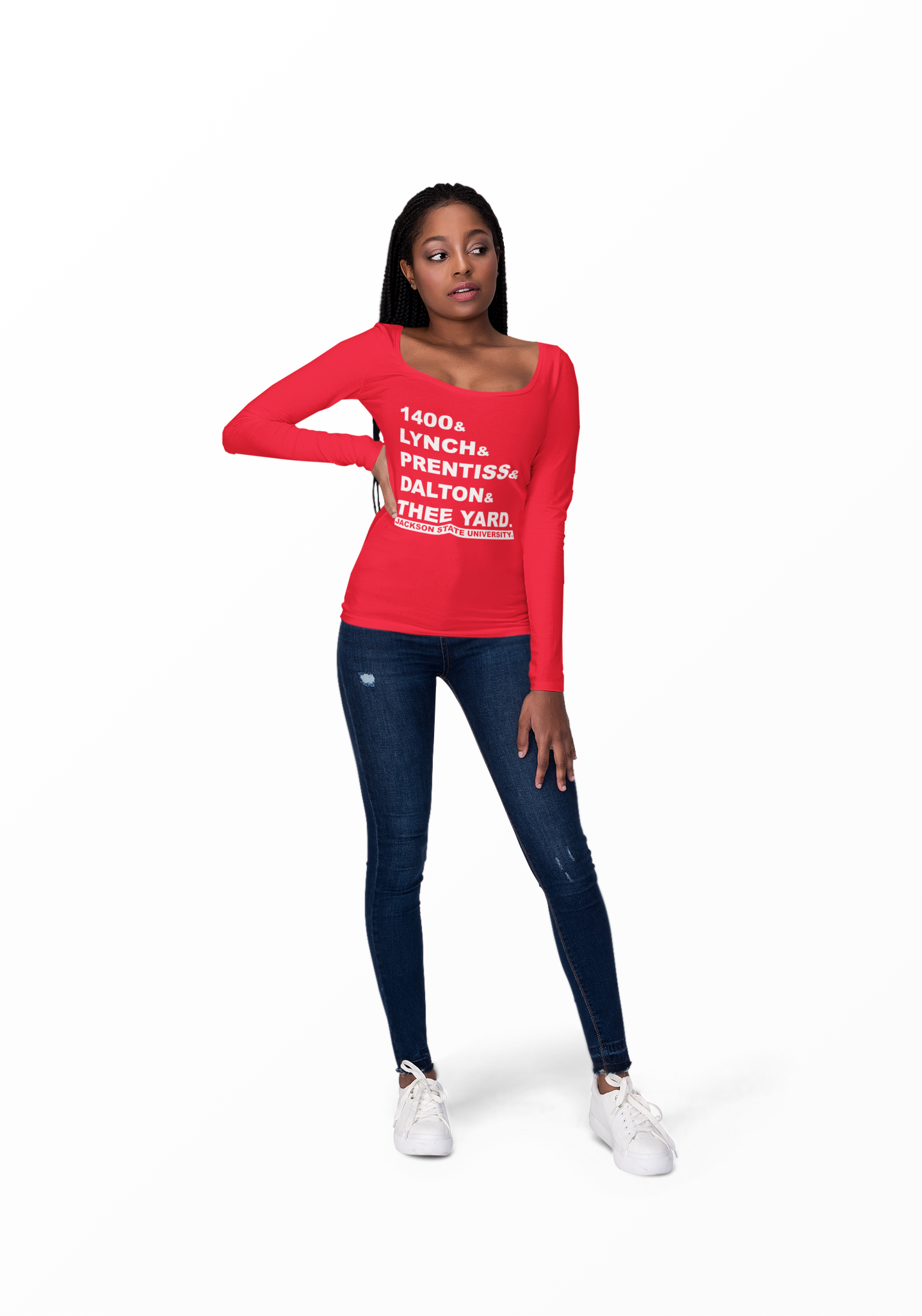 Red long-sleeve crew neck T-shirt with front block slogan graphic