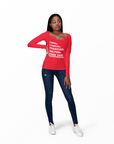 Red long-sleeve crew neck T-shirt with front block slogan graphic