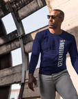 Navy blue unisex short sleeve crew neck T-shirt with white motivational wordmark on front