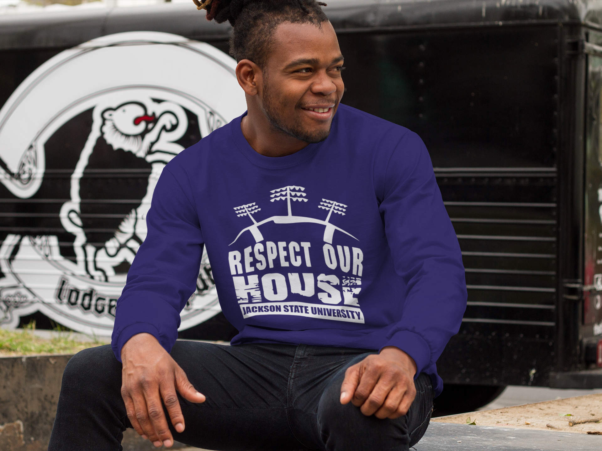 Purple sweatshirt with Respect Our House puff-print graphic, crew neck, long sleeves