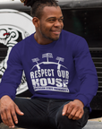 Purple sweatshirt with Respect Our House puff-print graphic, crew neck, long sleeves