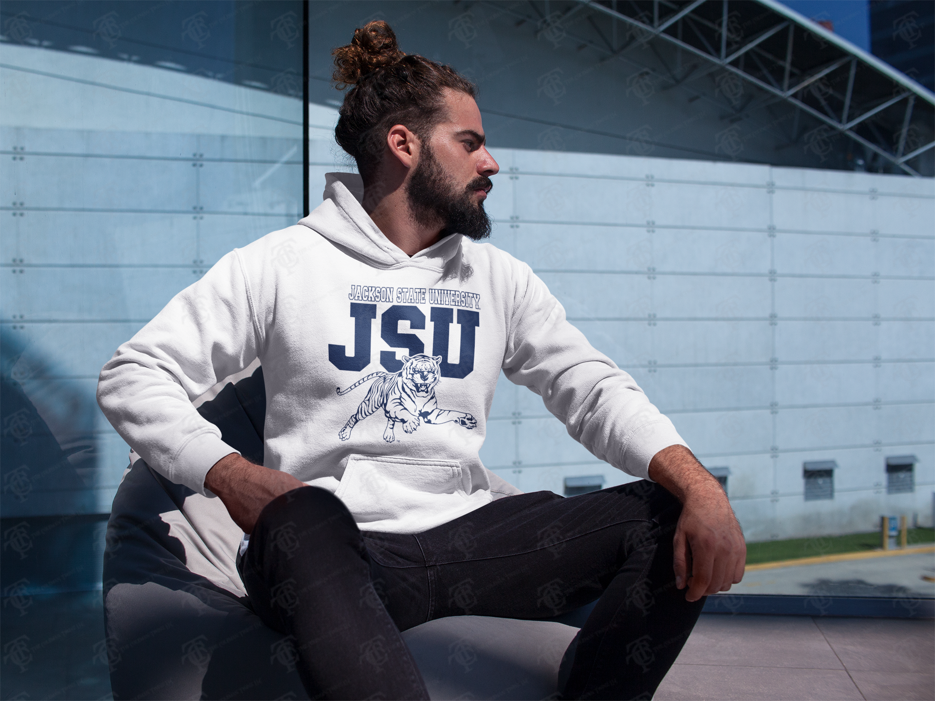 White pullover hoodie with TSU logo and leaping tiger graphic on back