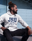 White pullover hoodie with TSU logo and leaping tiger graphic on back