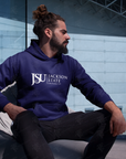 Navy pullover hoodie on model sitting, with front kangaroo pocket and Jackson State logo