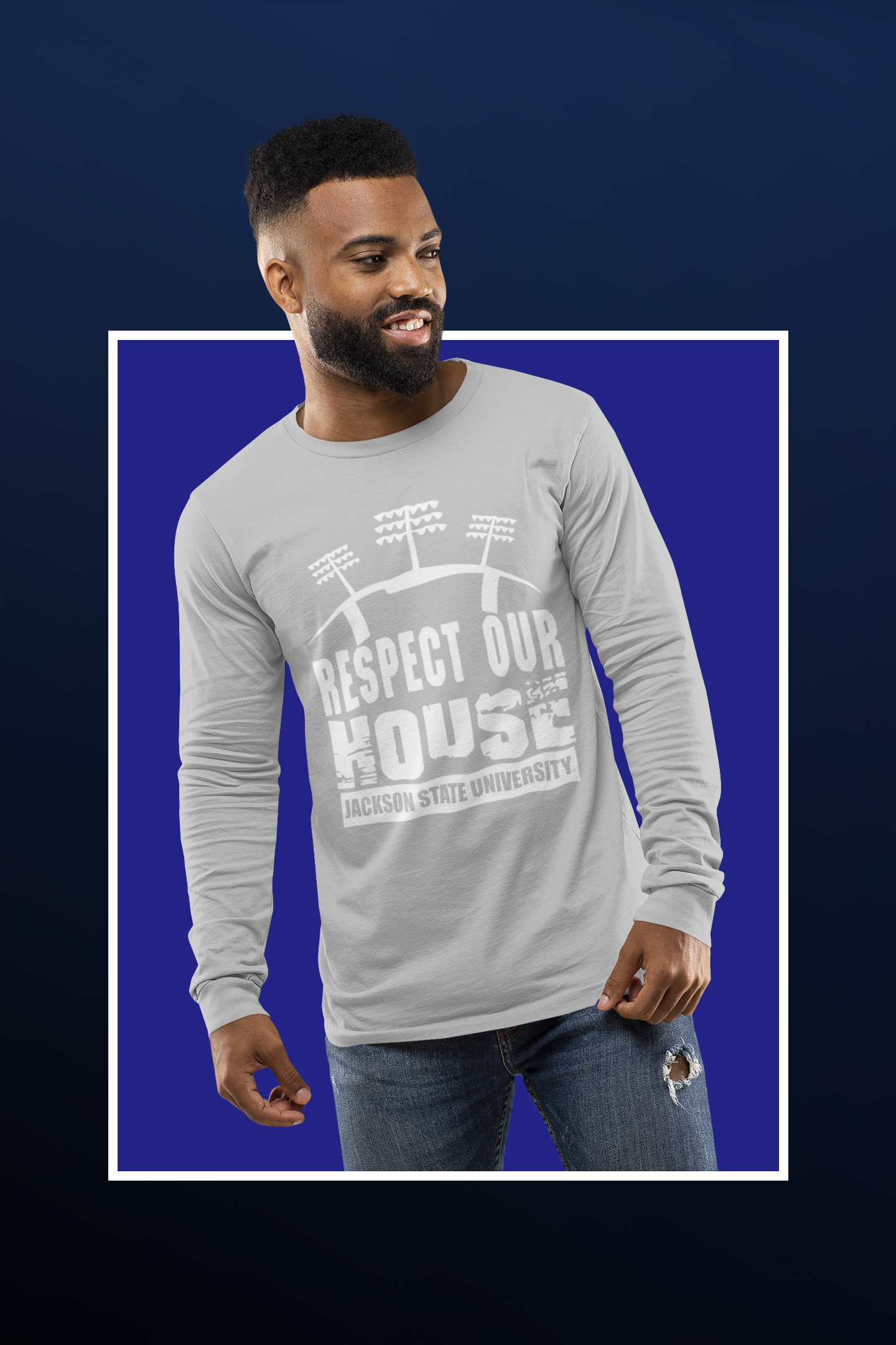 Light gray long-sleeve T-shirt with 'Respect Our House' puff print and Jackson State University