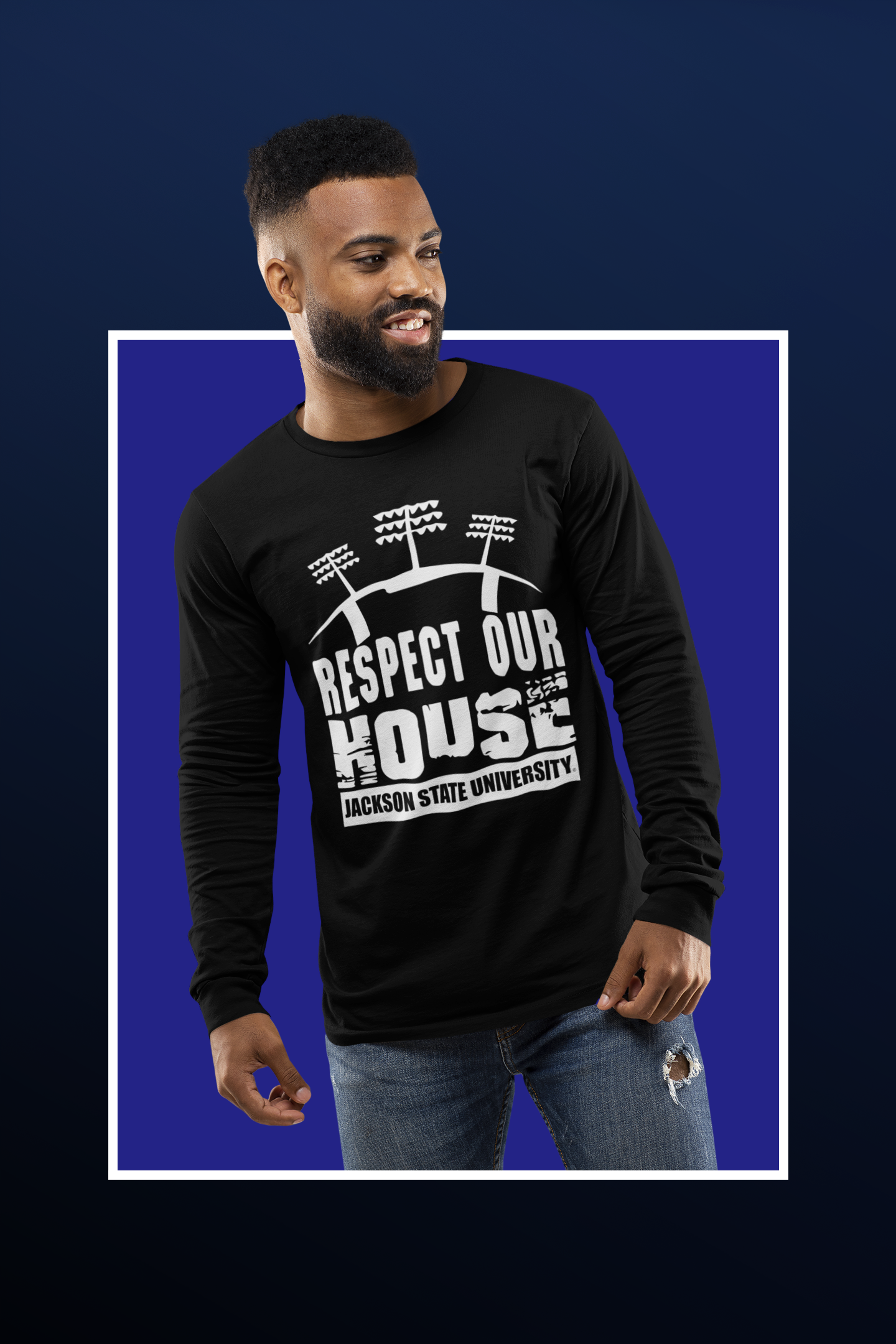 Black long-sleeve T-shirt with 'Respect Our House' puff print and Jackson State University