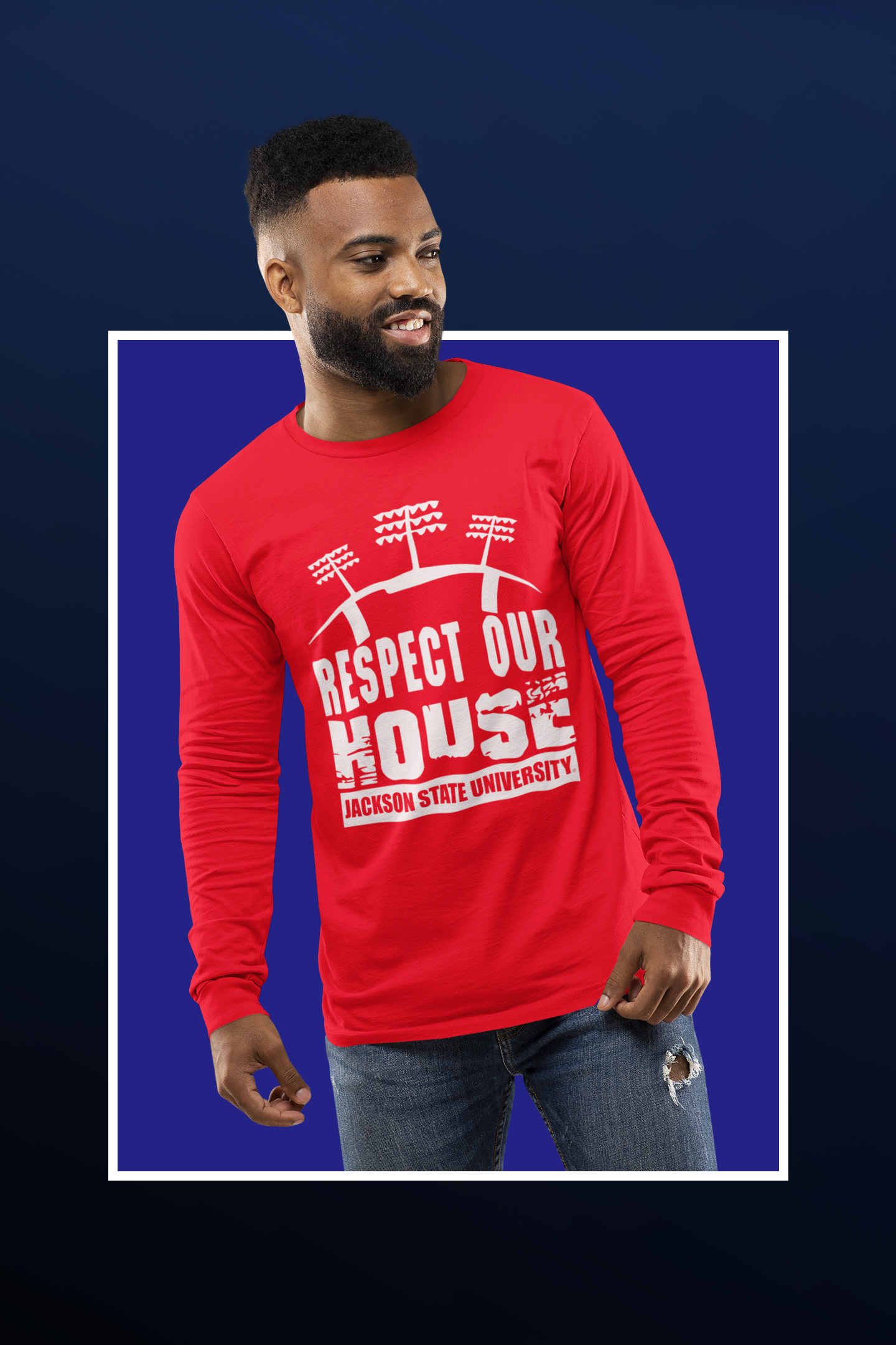 Red long-sleeve T-shirt with 'Respect Our House' puff print and Jackson State University