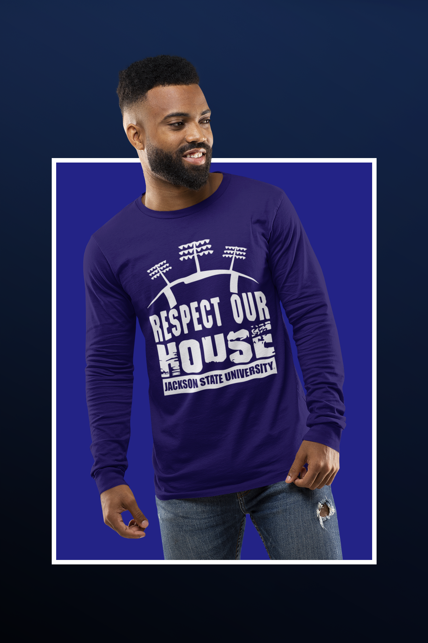 Navy long-sleeve T-shirt with 'Respect Our House' puff print and Jackson State University
