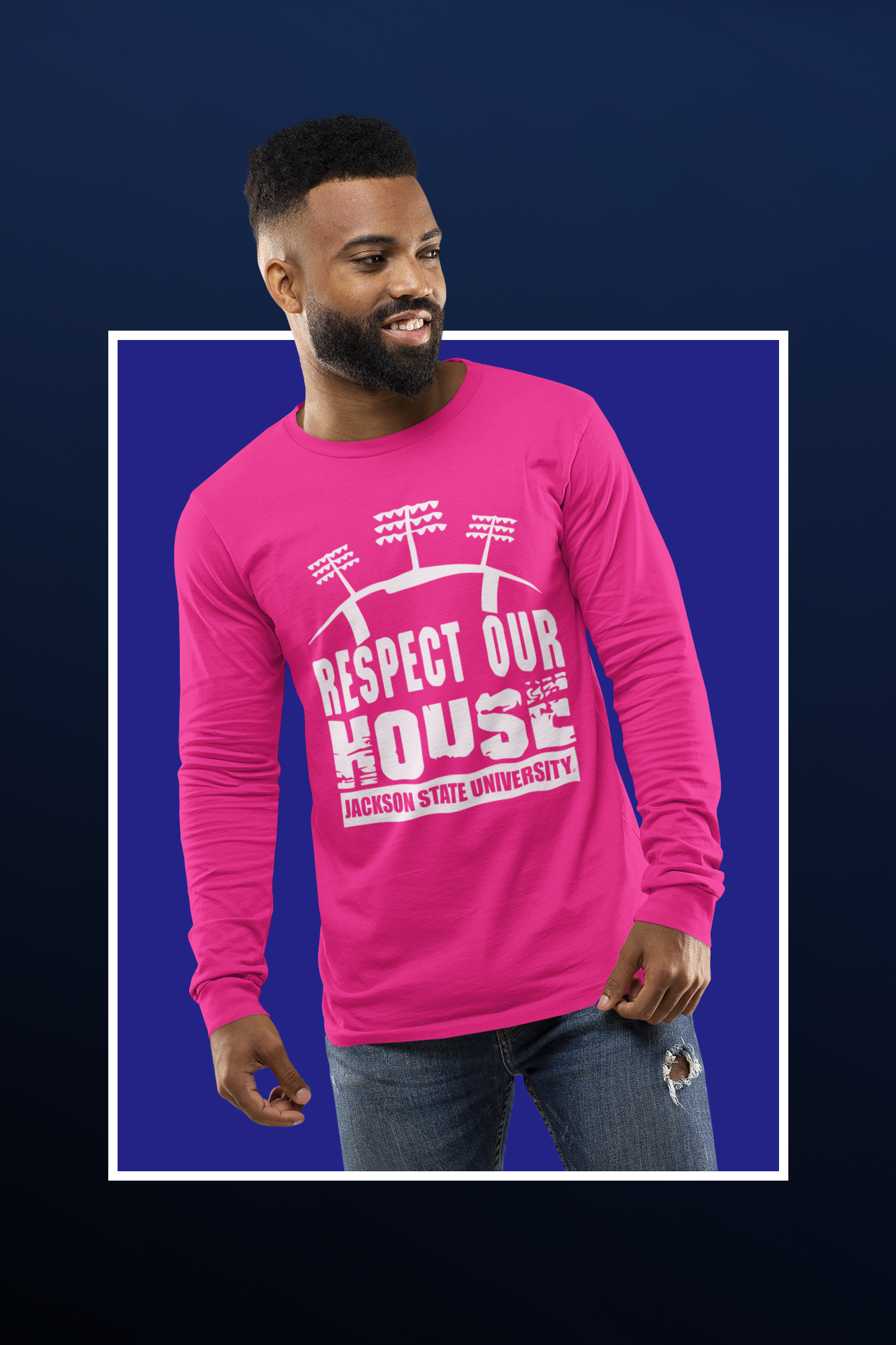 Pink long-sleeve T-shirt with 'Respect Our House' puff print and Jackson State University