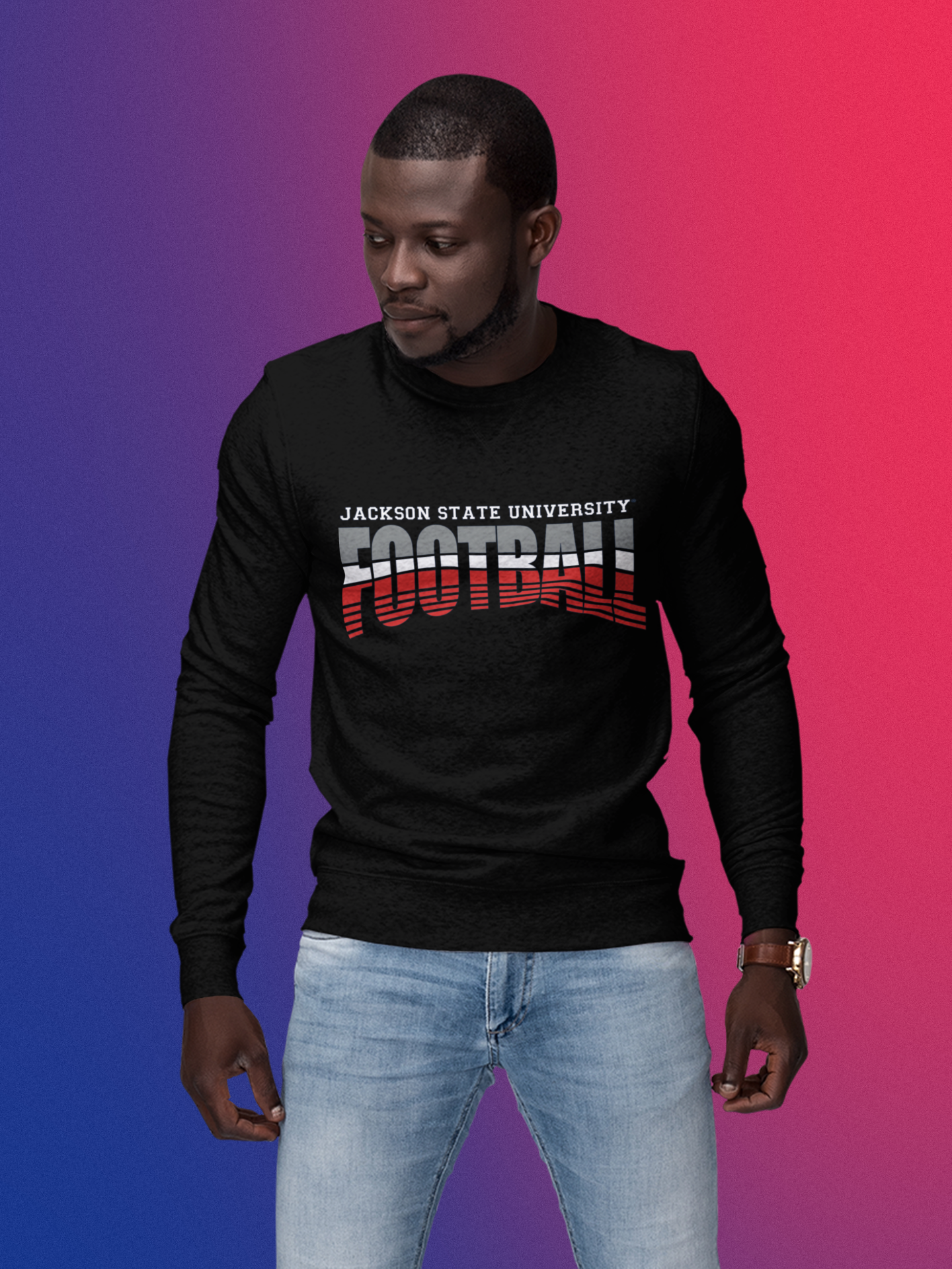 Black long-sleeve crew neck football T-shirt with stacked "Football" graphic on chest