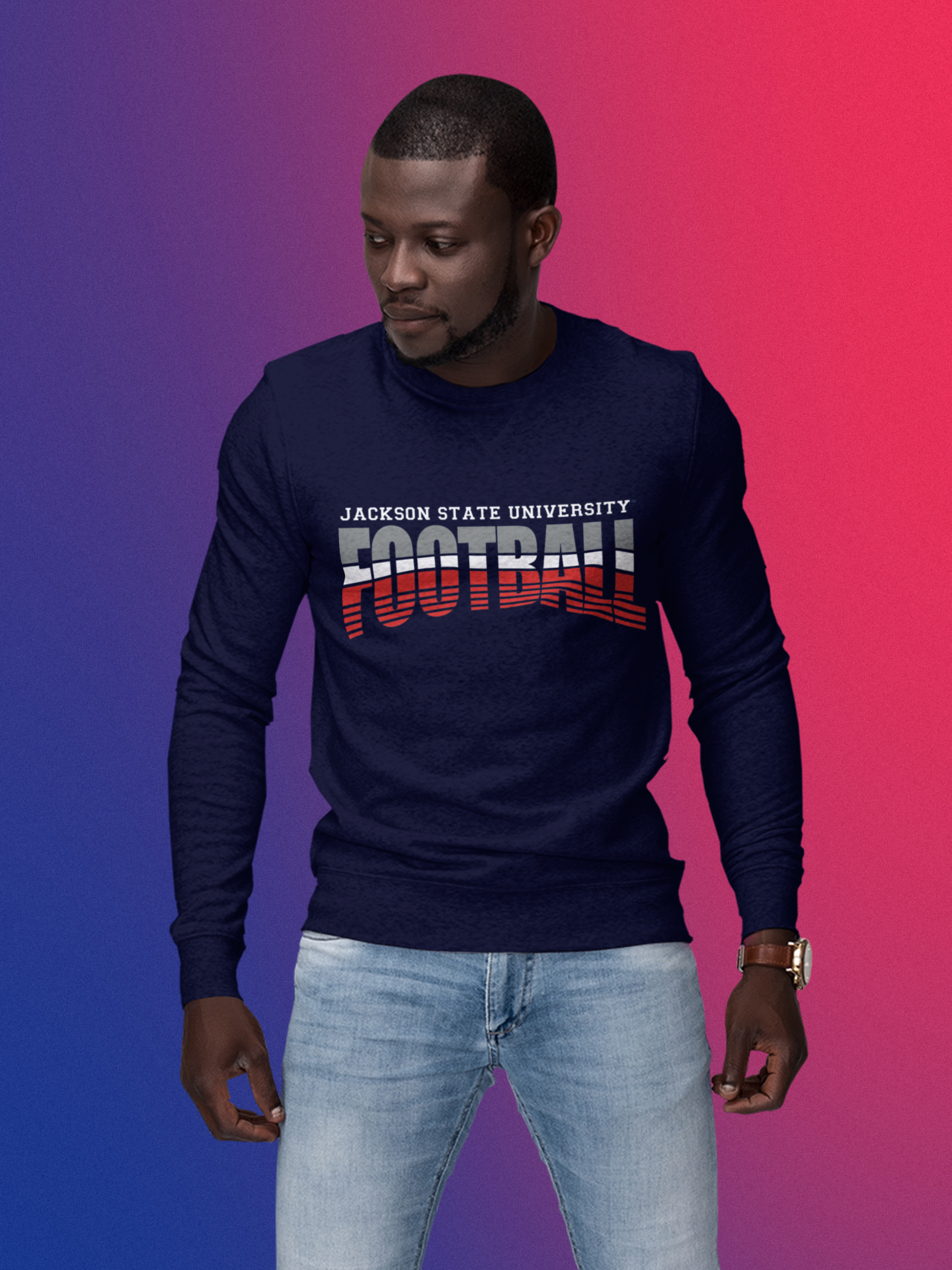 Navy long-sleeve crew neck football T-shirt with stacked "Football" graphic on chest