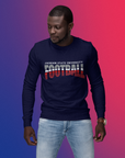 Navy long-sleeve crew neck football T-shirt with stacked "Football" graphic on chest