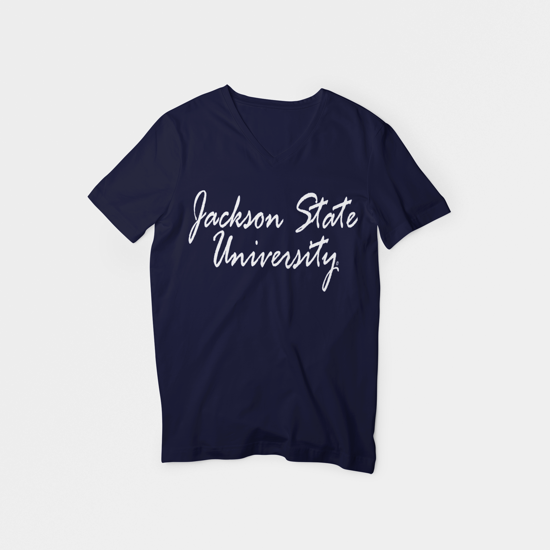 Navy short-sleeve V-neck t-shirt with white “Jackson State University” script