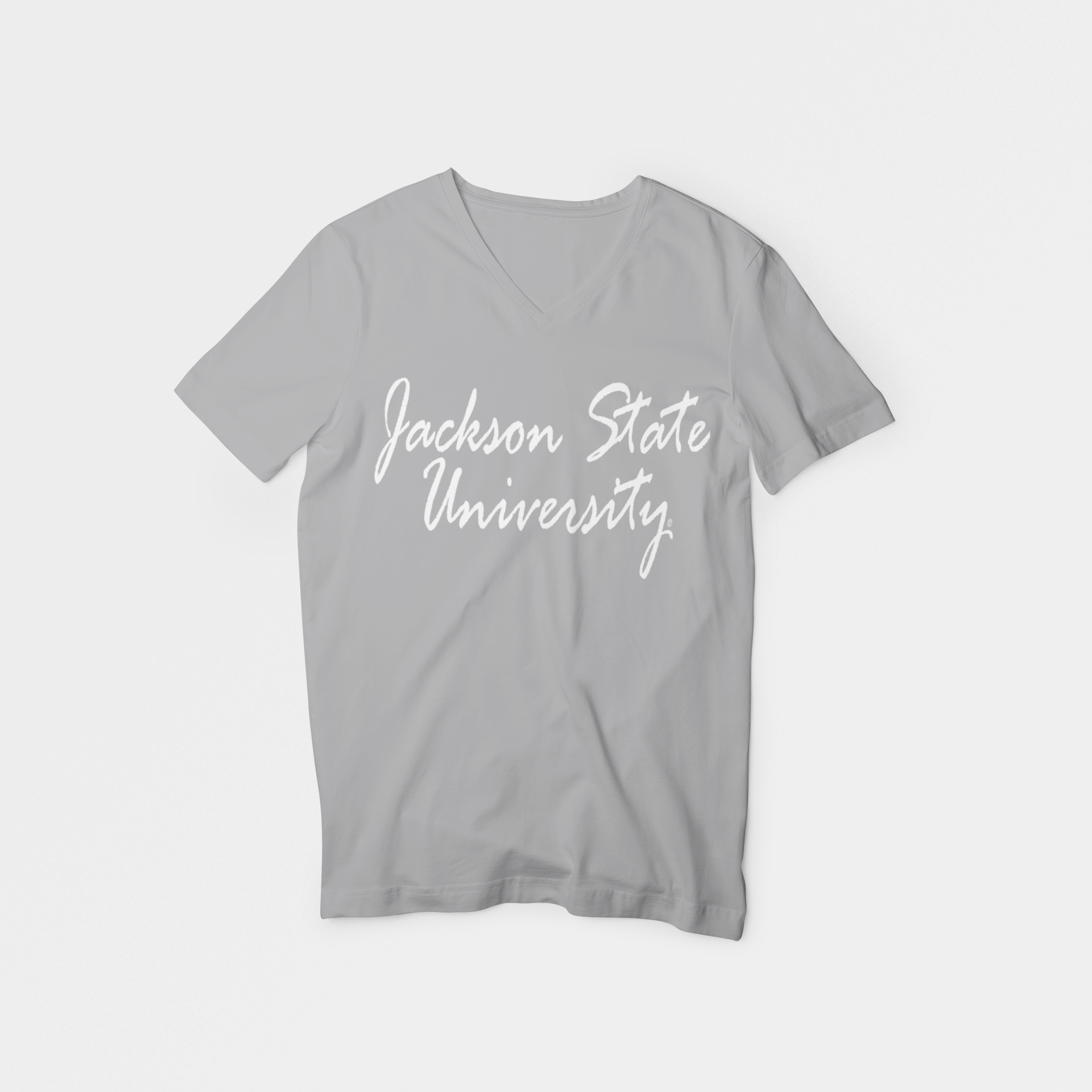 Light gray short-sleeve V-neck t-shirt with white “Jackson State University” script
