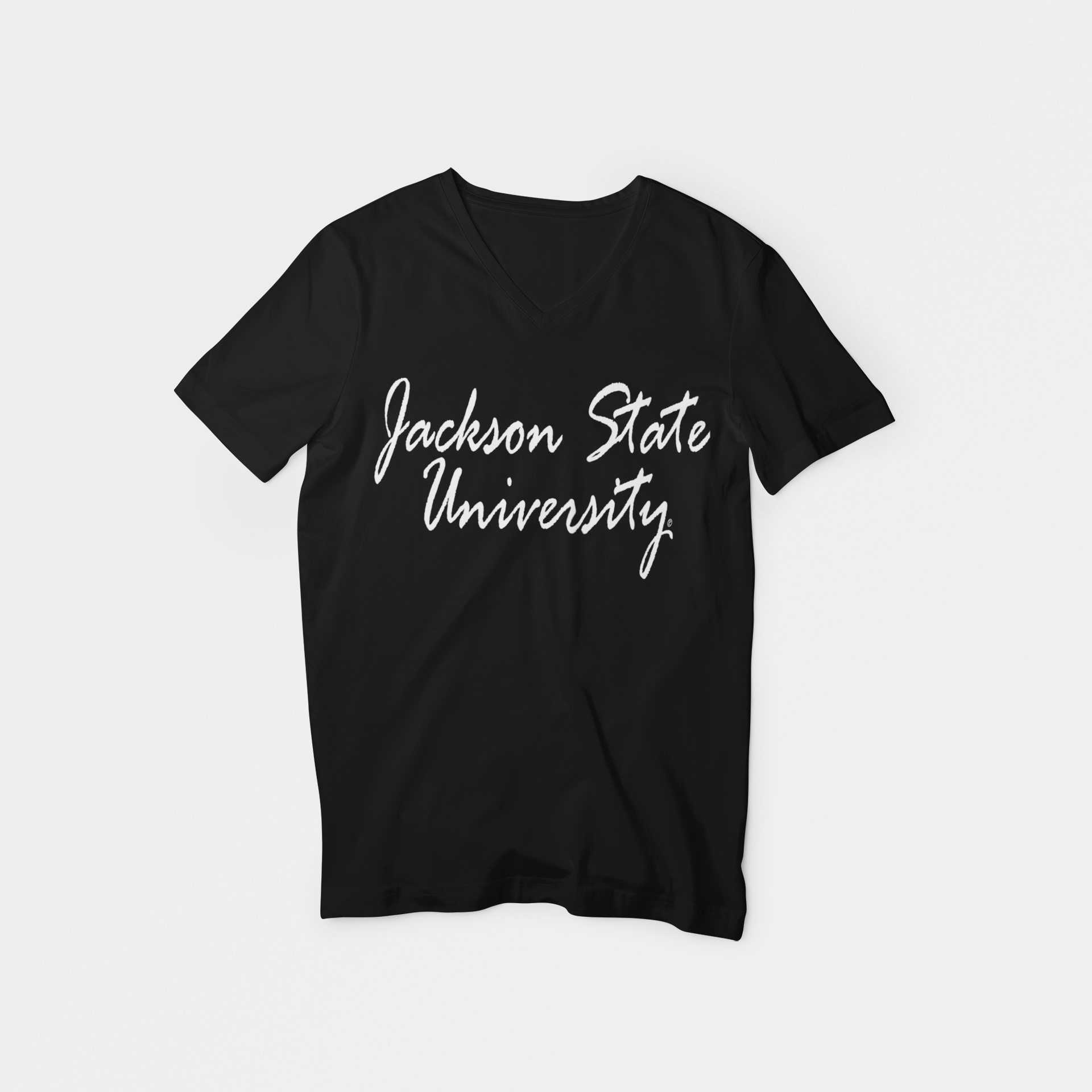 Black short-sleeve V-neck t-shirt with white “Jackson State University” script