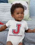 Infant wearing tri-color baseball jersey bodysuit with large J logo and university text