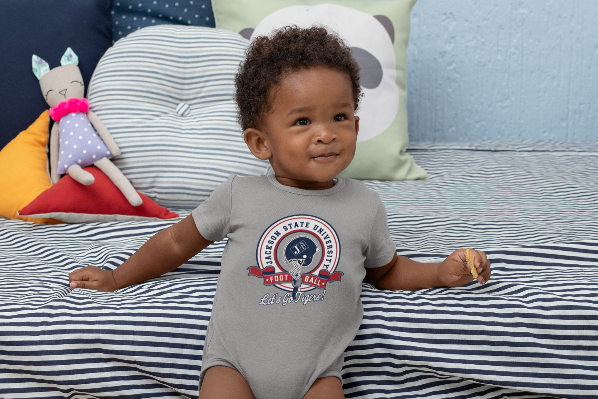 Gray infant short-sleeve bodysuit with circular sports logo, snap legs
