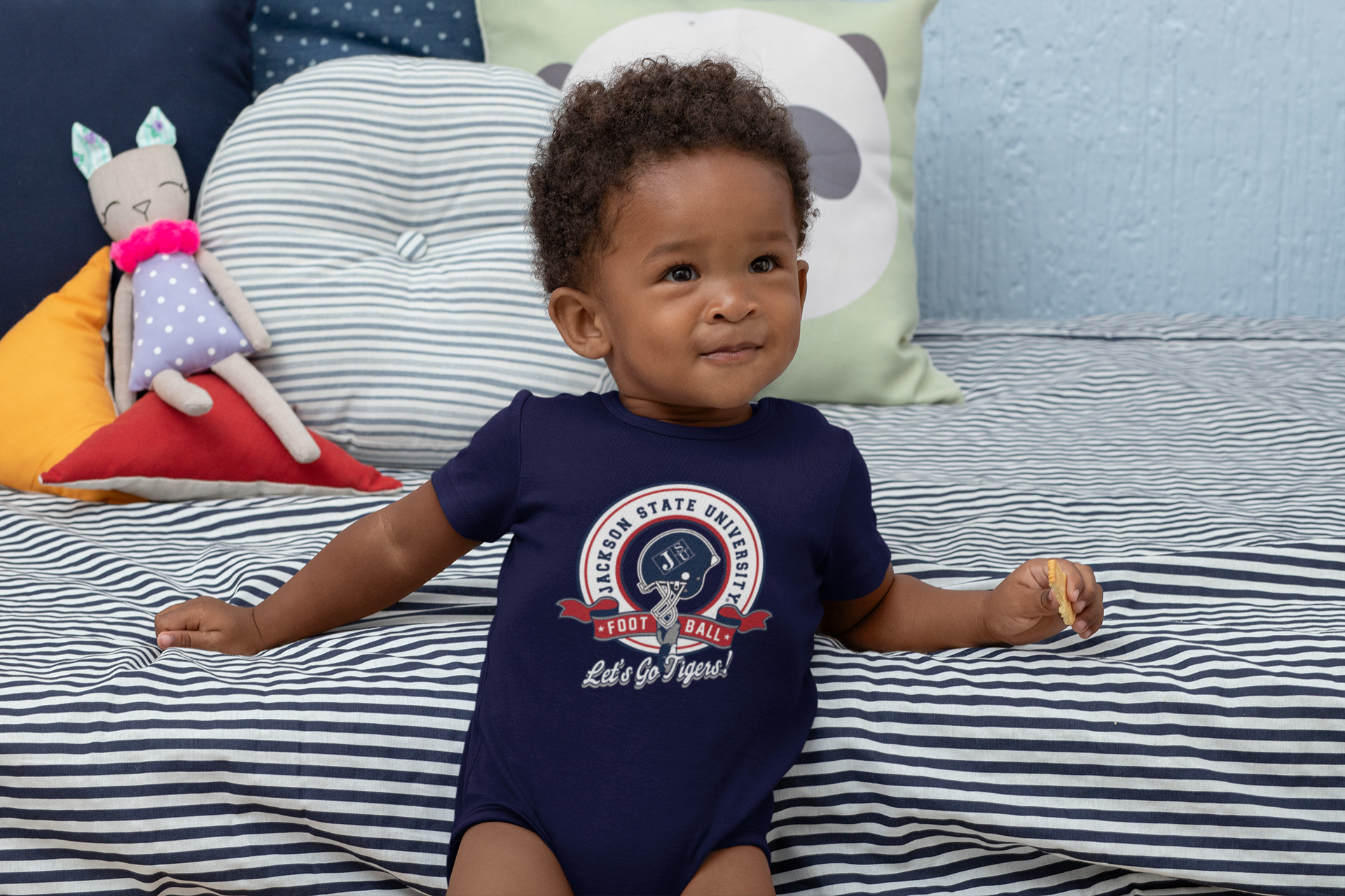 Navy infant short-sleeve bodysuit with circular sports logo, snap legs