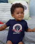 Navy infant short-sleeve bodysuit with circular sports logo, snap legs