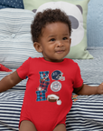 Infant short sleeve bodysuit in red with Christmas football and Santa hat graphics