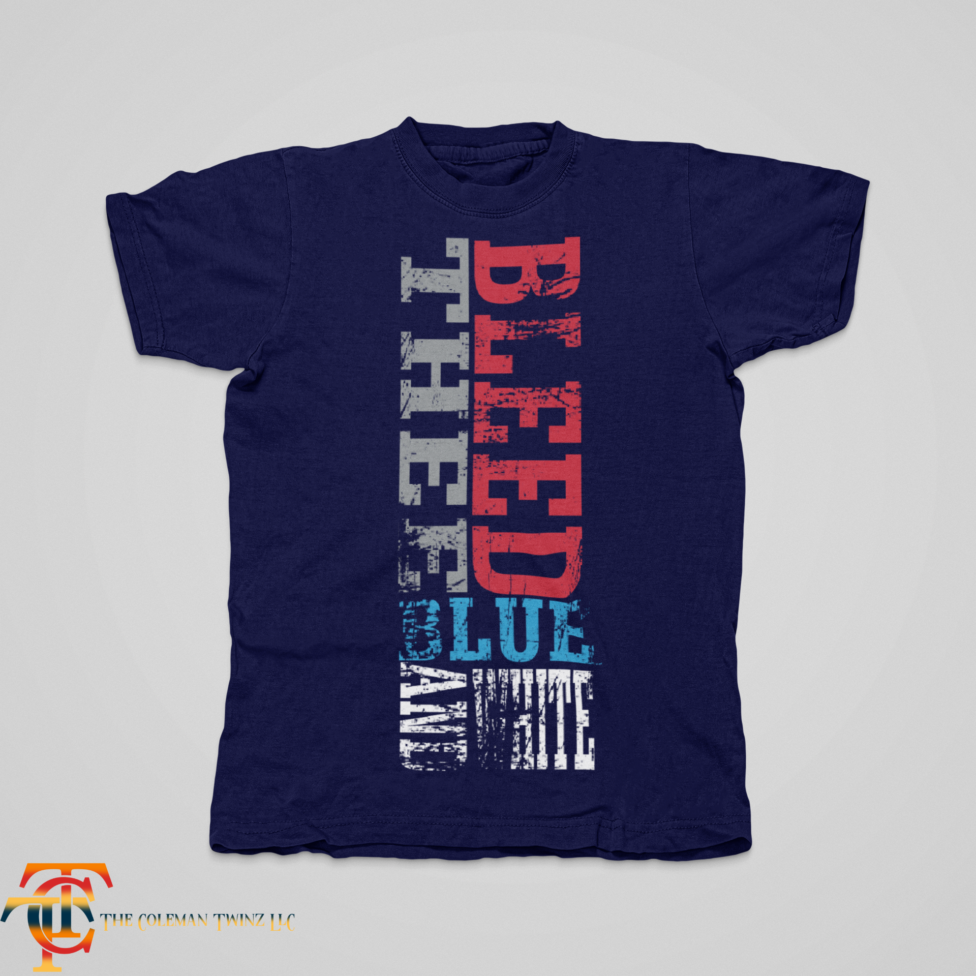 Unisex crew neck T-shirt, dark blue with vertical Tigers graphic in red white and blue