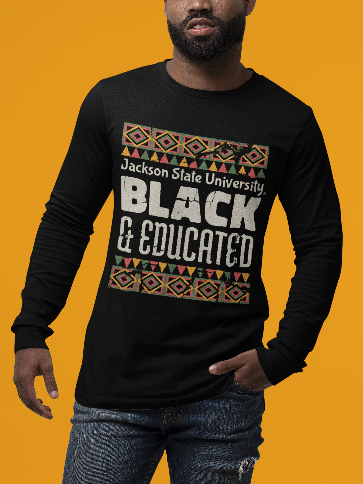 Black long sleeve crew neck T-shirt with “Black &amp; Educated” graphic and decorative border