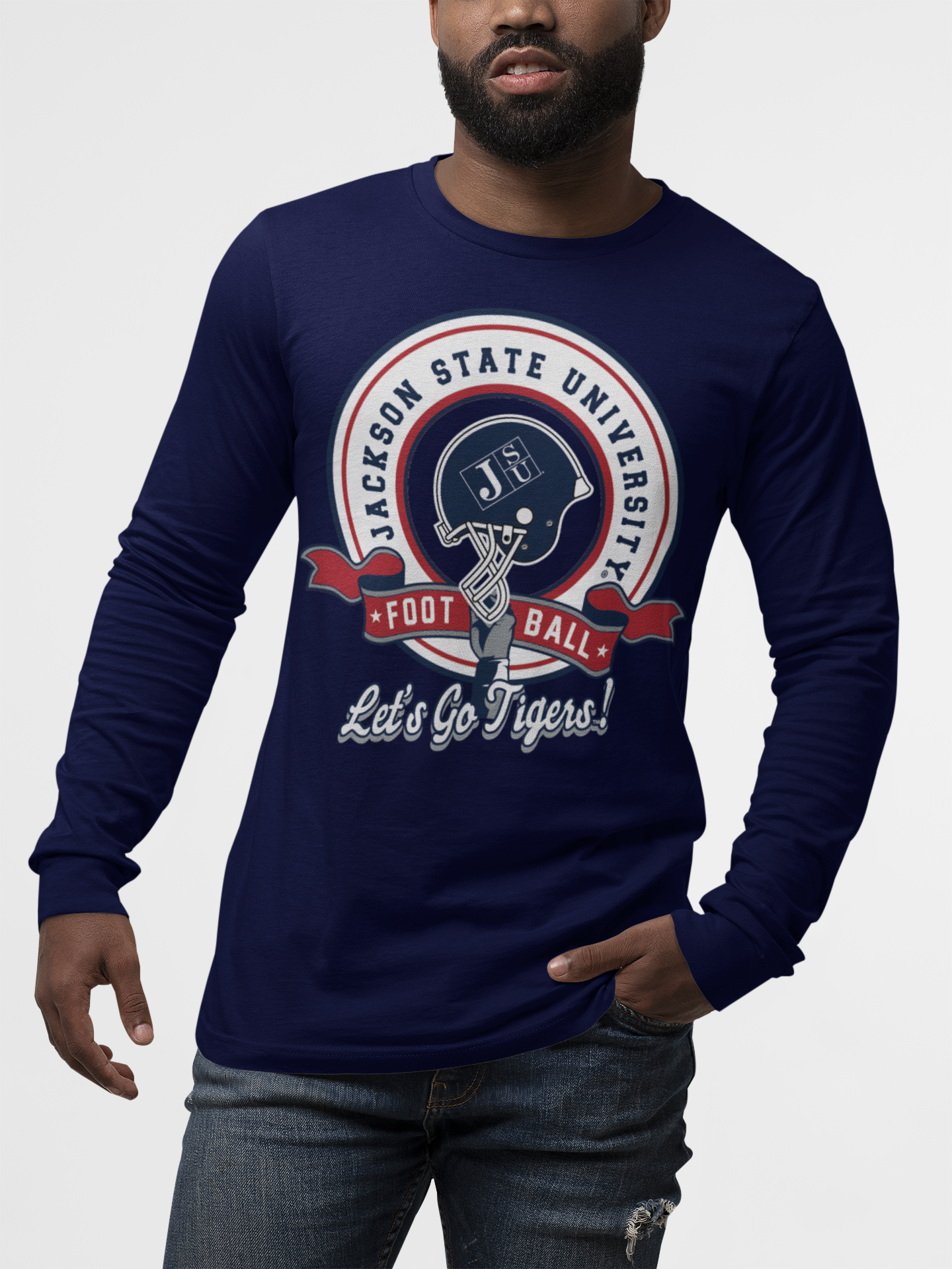 Navy blue long sleeve crew neck t-shirt with Jackson State University football graphic