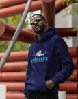 Navy pullover hoodie with 'Code Blue' illustrated chest graphic, worn by model.