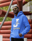 Blue pullover hoodie on person with white J and leaping tiger graphic on front