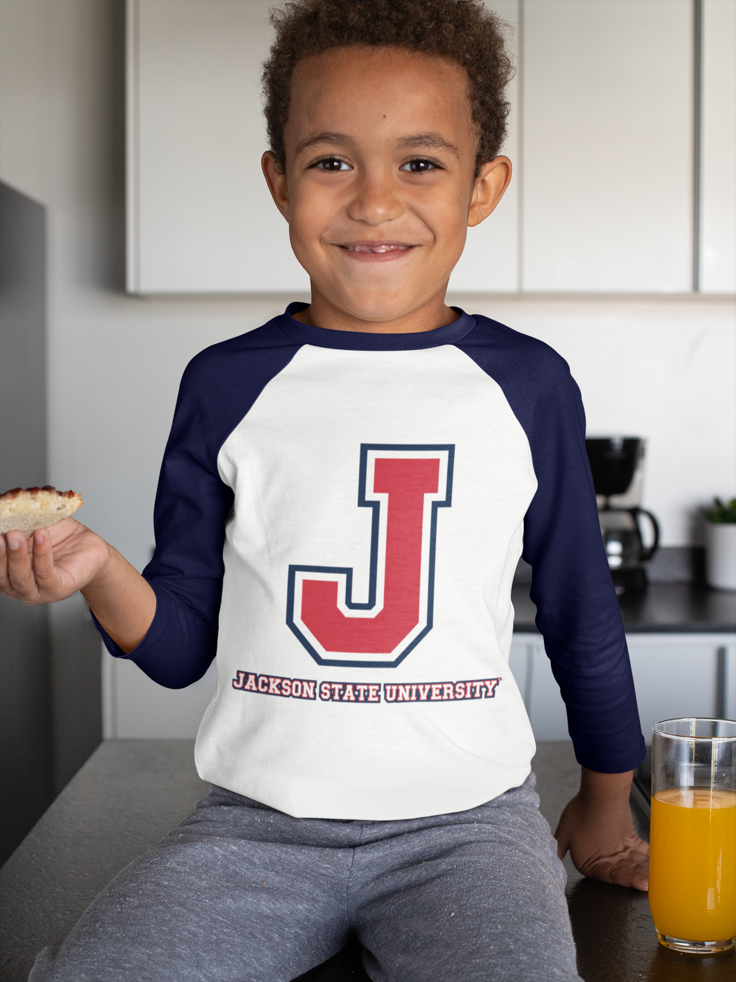 Tri-color youth baseball T-shirt with J logo and “Jackson State University” text, white body, navy sleeves