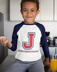 Tri-color youth baseball T-shirt with J logo and “Jackson State University” text, white body, navy sleeves