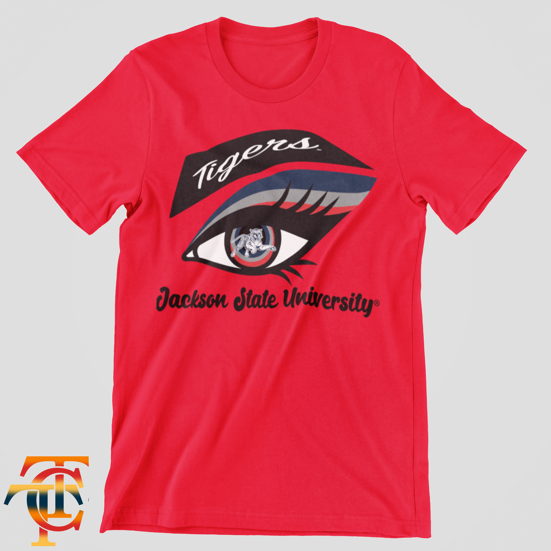 Red short-sleeve T-shirt with Tigers eye logo and Jackson State University text